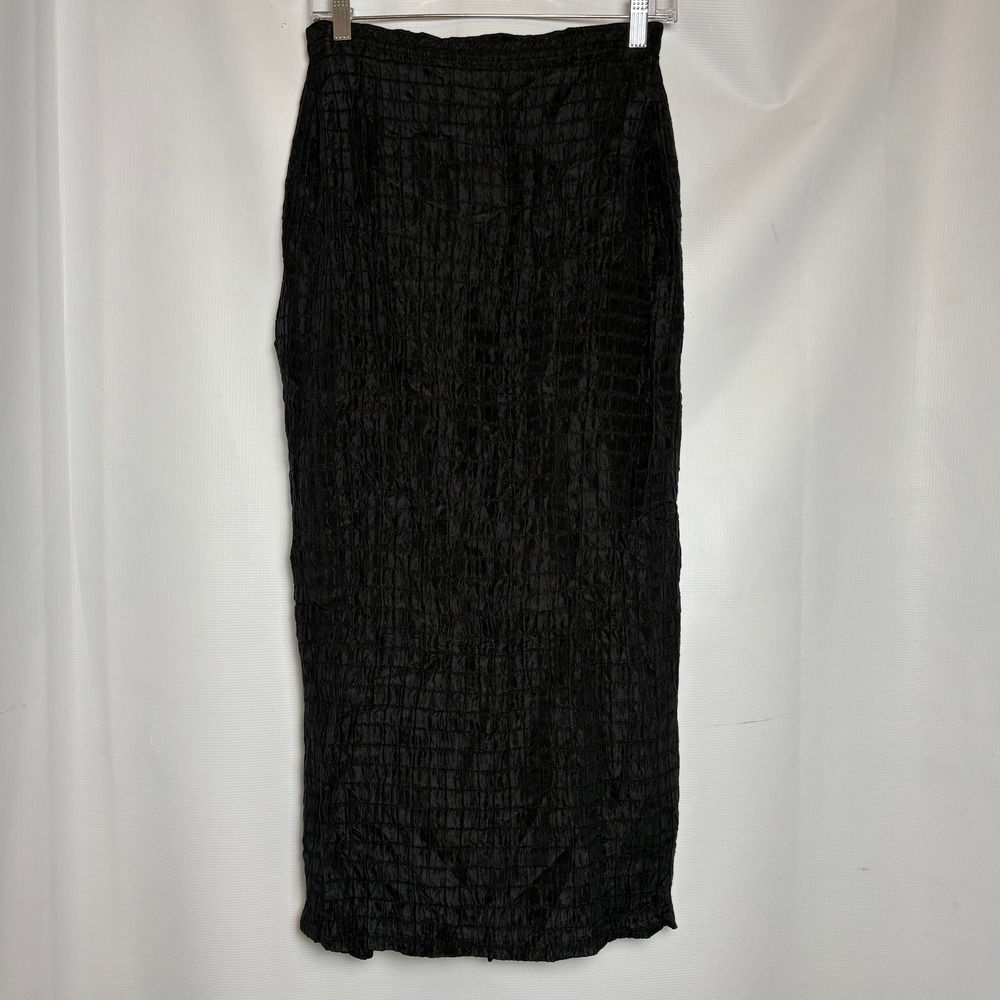 Exotic 100% Silk Crinkle Texture Maxi Skirt Black‎ Elastic Waist Midi Length